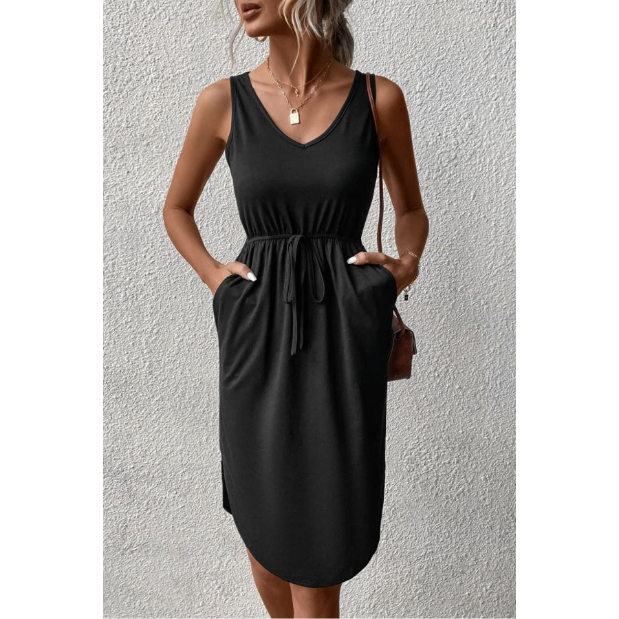 V-Neck Curved Hem Sleeveless Dress Black / S