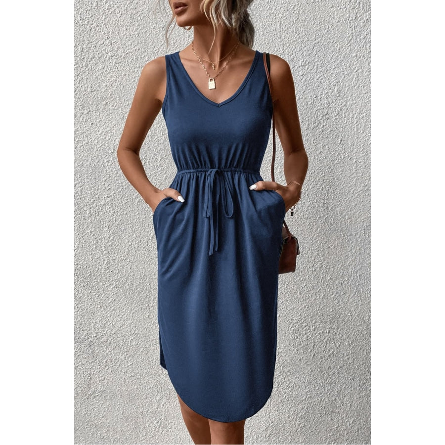 V-Neck Curved Hem Sleeveless Dress Dark Navy / S