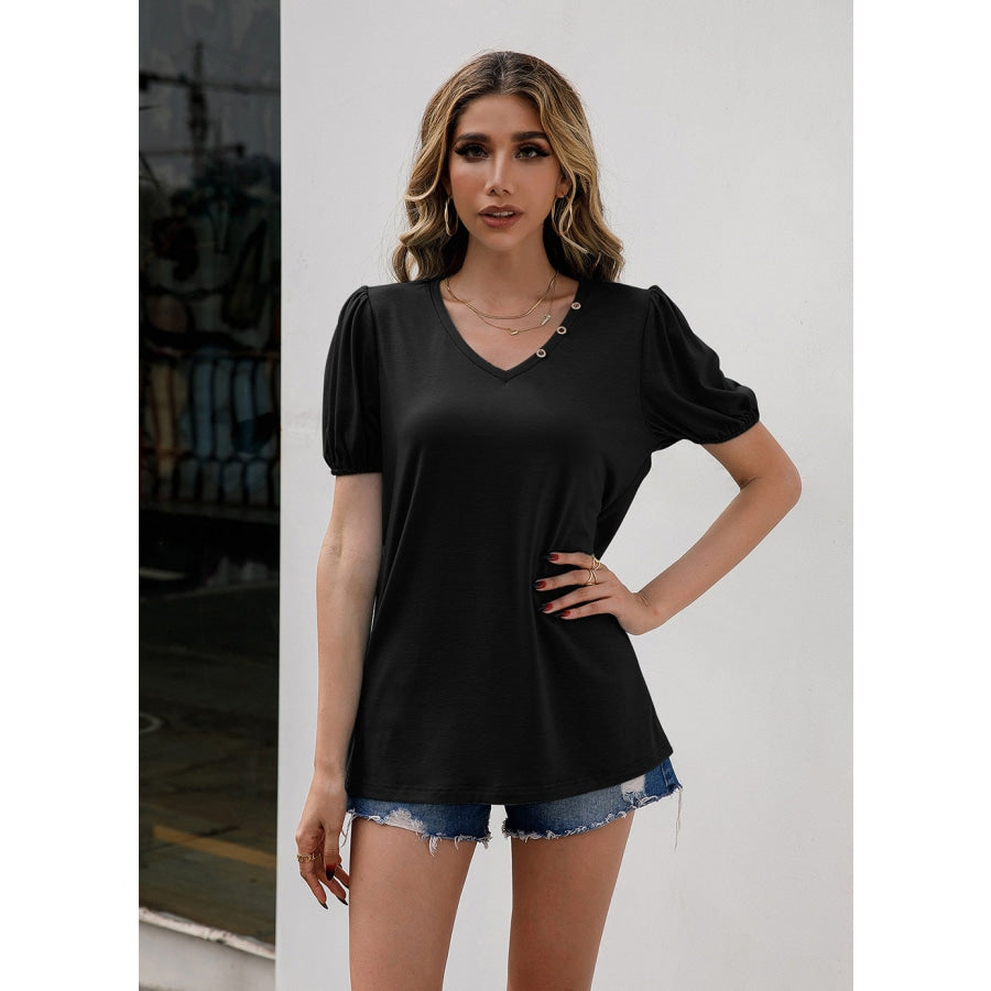 V-Neck Decorative Buttons Puff Sleeve Tee Black / S