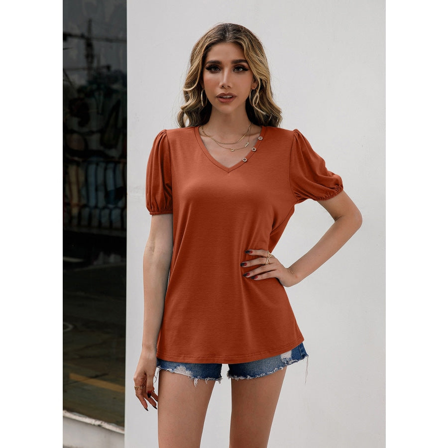 V-Neck Decorative Buttons Puff Sleeve Tee Ochre / S