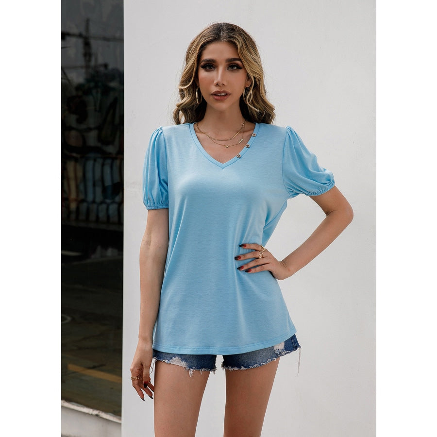 V-Neck Decorative Buttons Puff Sleeve Tee Pastel Blue / S