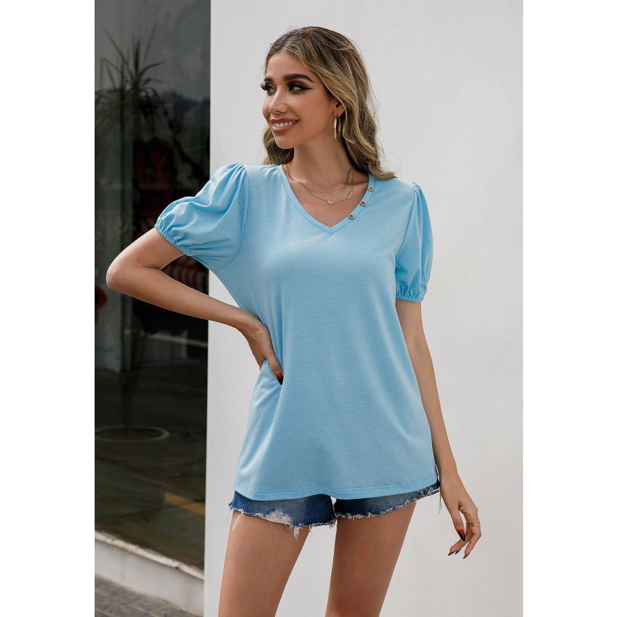 V-Neck Decorative Buttons Puff Sleeve Tee