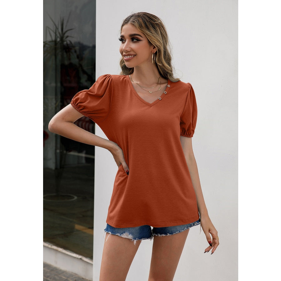 V-Neck Decorative Buttons Puff Sleeve Tee