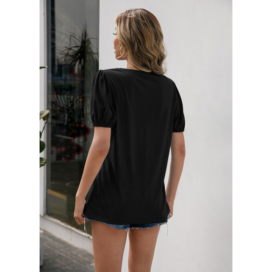 V-Neck Decorative Buttons Puff Sleeve Tee