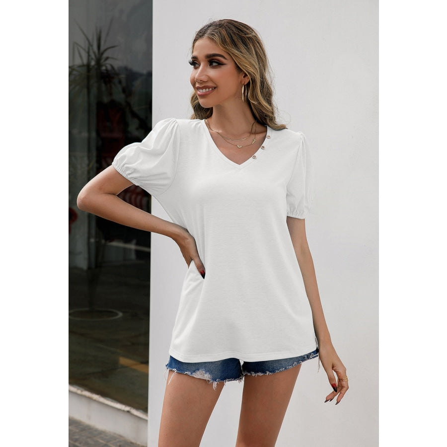 V-Neck Decorative Buttons Puff Sleeve Tee