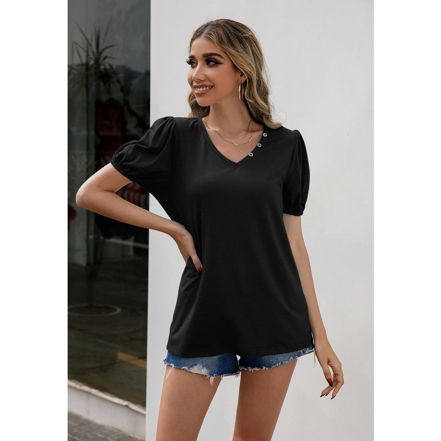 V-Neck Decorative Buttons Puff Sleeve Tee