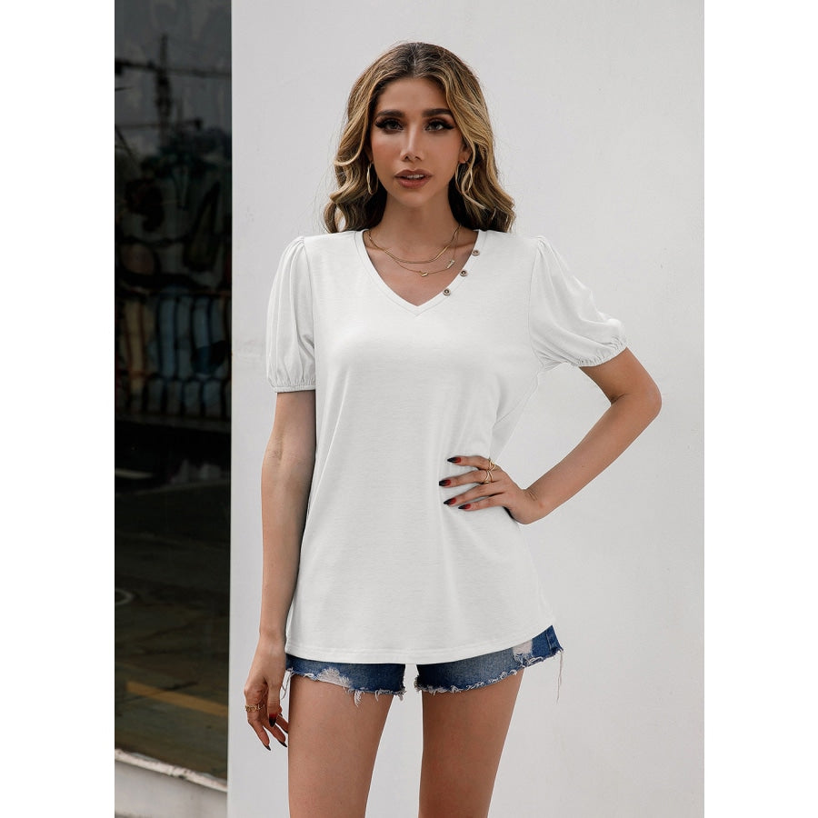 V-Neck Decorative Buttons Puff Sleeve Tee White / S