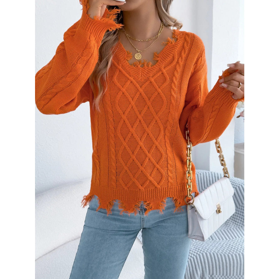 V-Neck Distressed Hem Cable Knit Sweater Apparel and Accessories