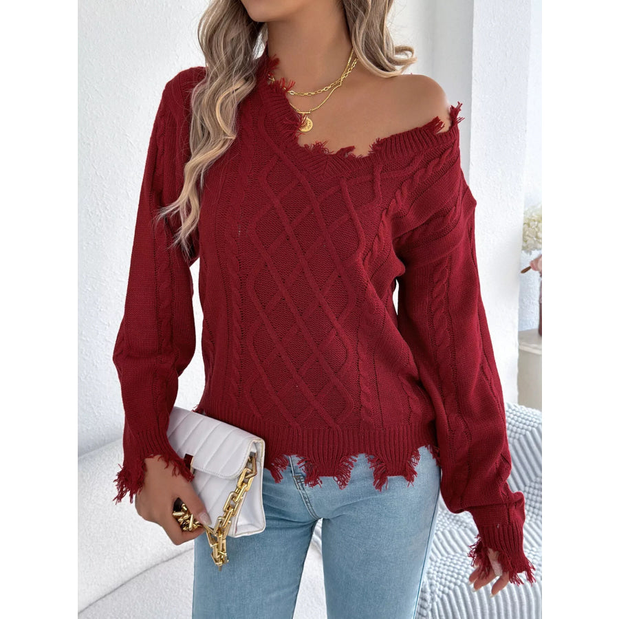 V-Neck Distressed Hem Cable Knit Sweater Burgundy / S Apparel and Accessories
