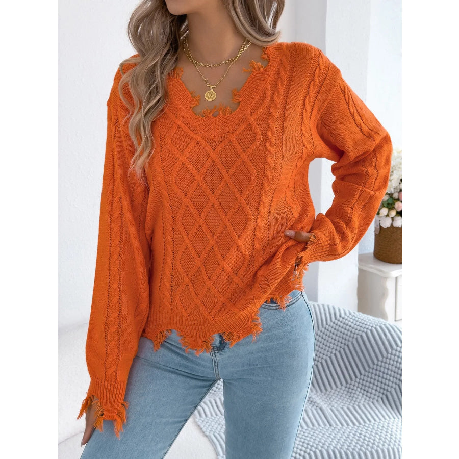 V-Neck Distressed Hem Cable Knit Sweater Orange / S Apparel and Accessories