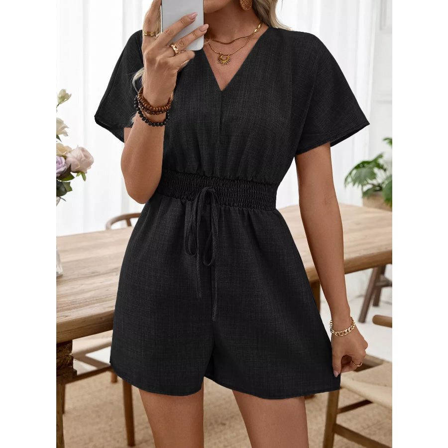V-Neck Drawstring Waist Romper Black / S Apparel and Accessories