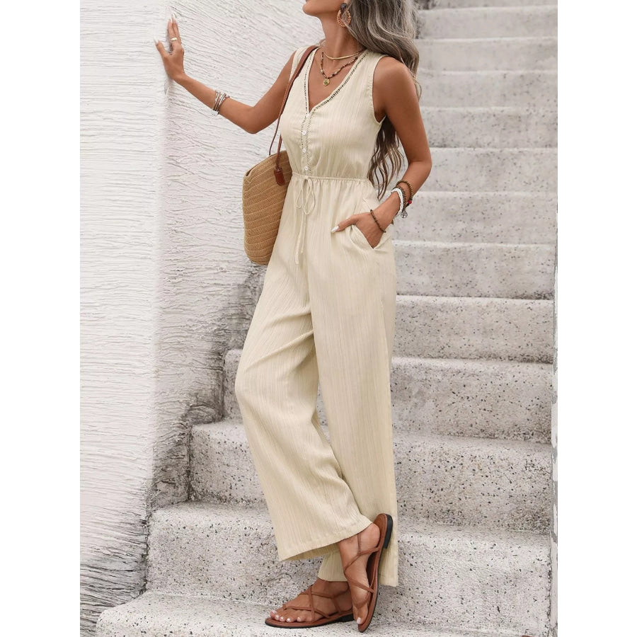 V-Neck Drawstring Waist Wide Leg Jumpsuit Apparel and Accessories