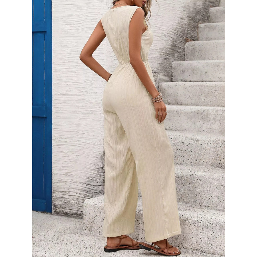V-Neck Drawstring Waist Wide Leg Jumpsuit Apparel and Accessories