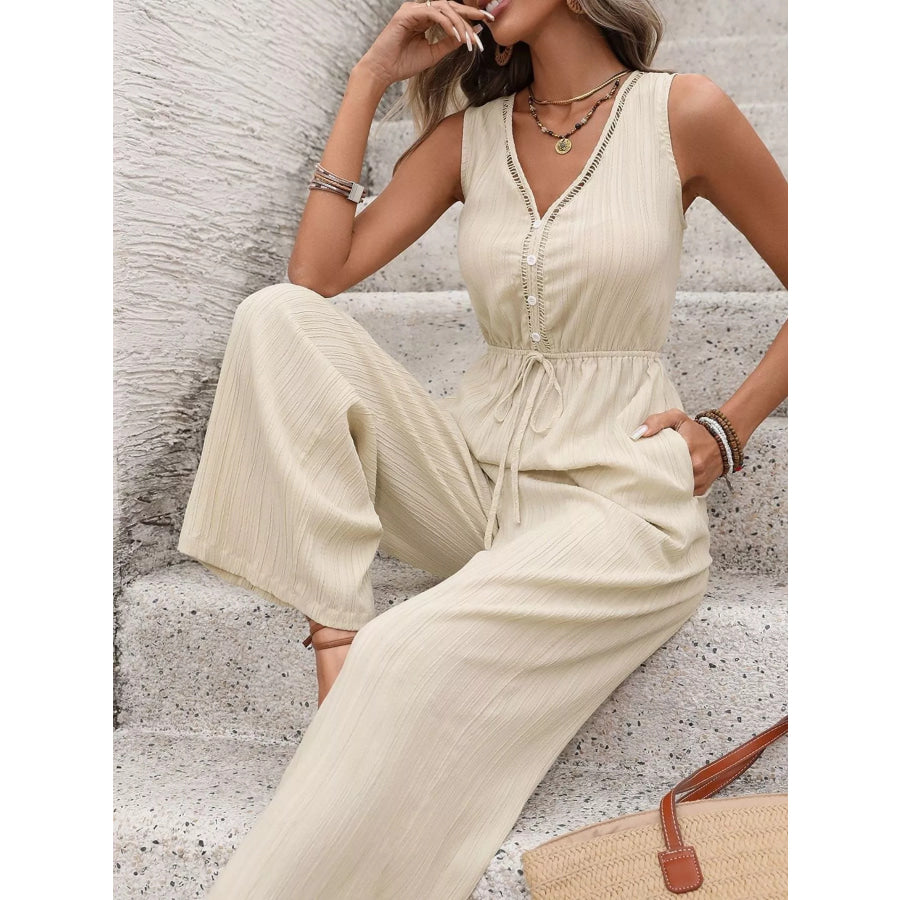 V-Neck Drawstring Waist Wide Leg Jumpsuit Apparel and Accessories