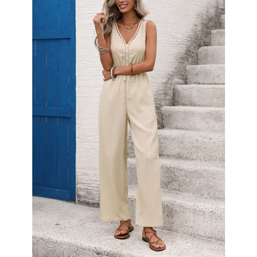 V-Neck Drawstring Waist Wide Leg Jumpsuit Apricot / S Apparel and Accessories