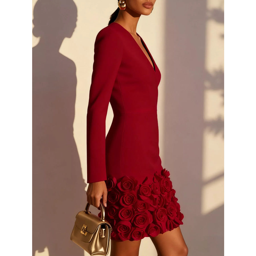 V-Neck Dress with Rose Embellishment Apparel and Accessories
