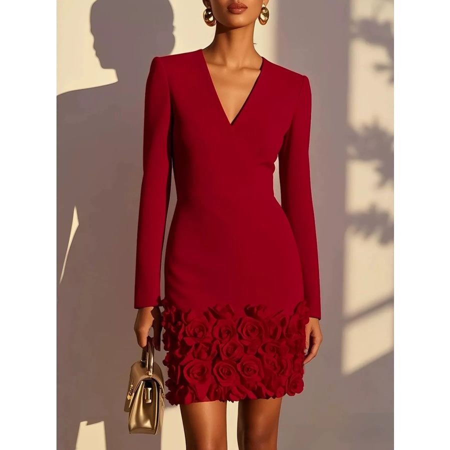 V-Neck Dress with Rose Embellishment Burgundy / S Apparel and Accessories
