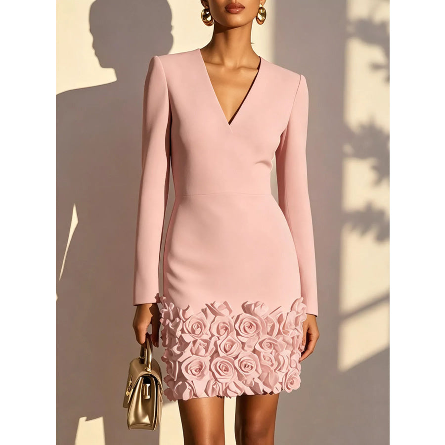V-Neck Dress with Rose Embellishment Dusty Pink / S Apparel and Accessories