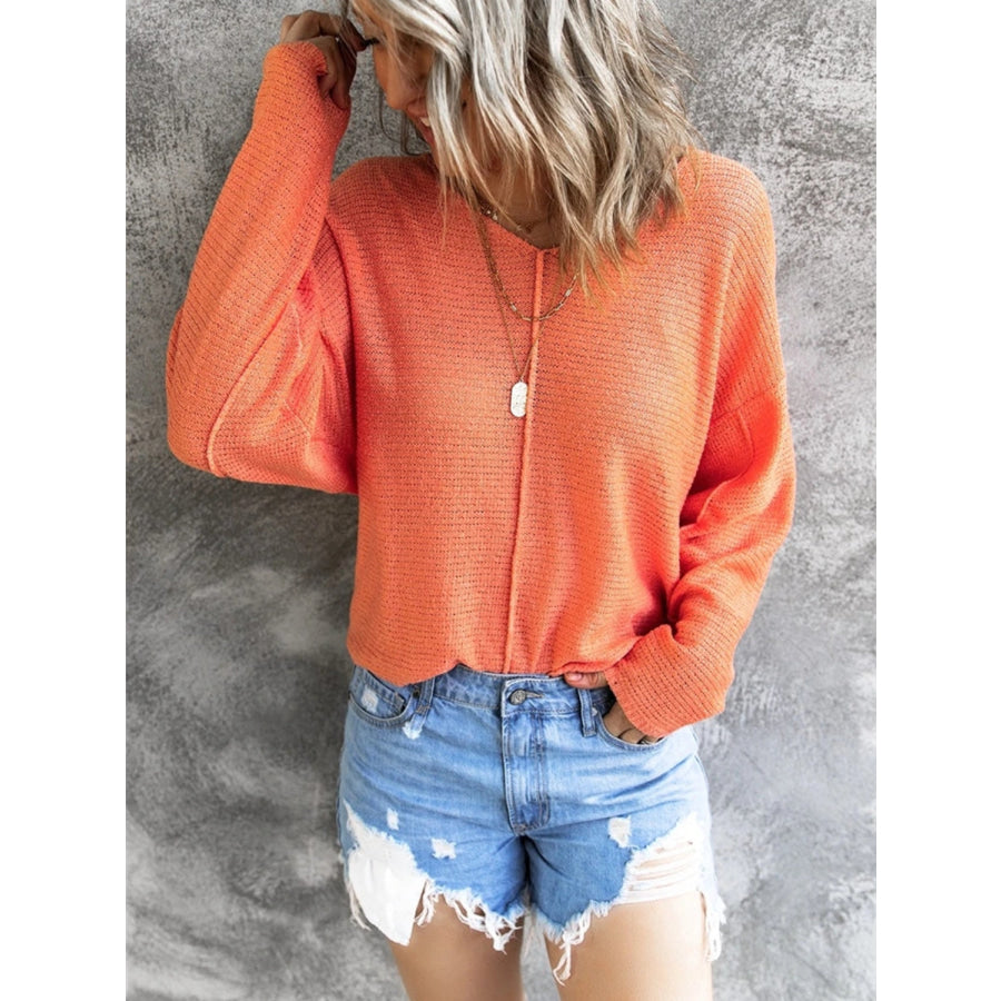 V-Neck Drop Shoulder Knit Top Orange / S Apparel and Accessories
