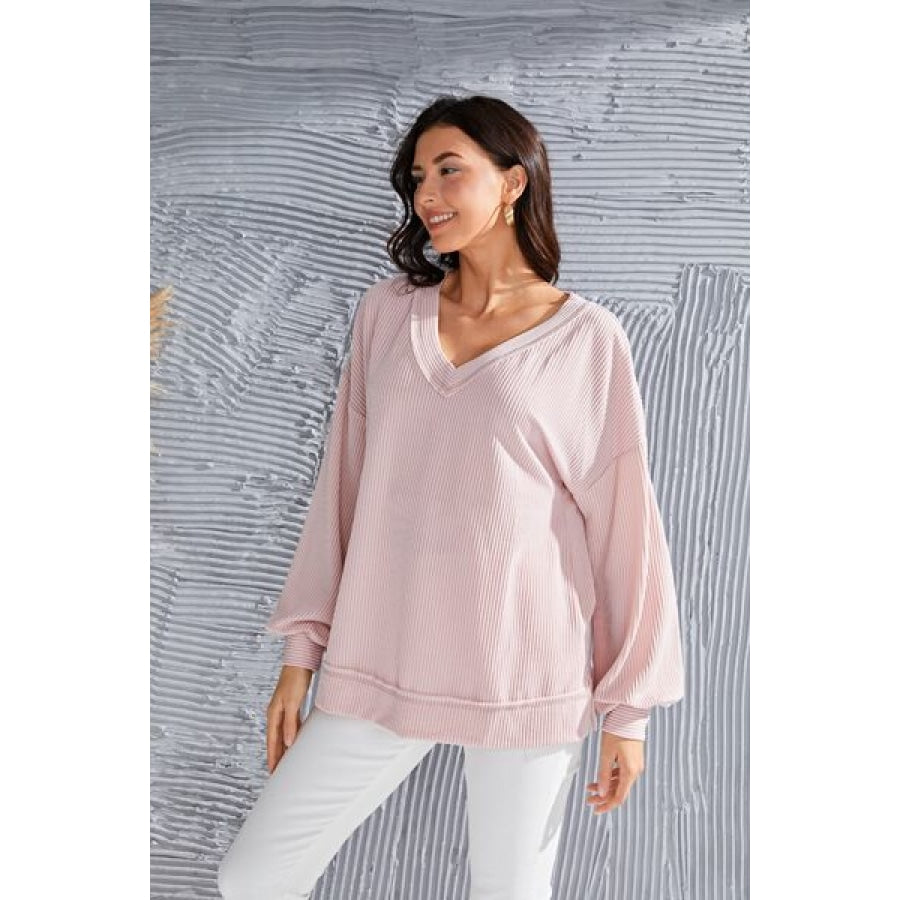 V-Neck Drop Shoulder Lantern Sleeve Blouse Clothing