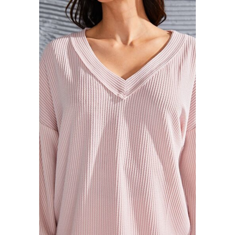 V-Neck Drop Shoulder Lantern Sleeve Blouse Clothing