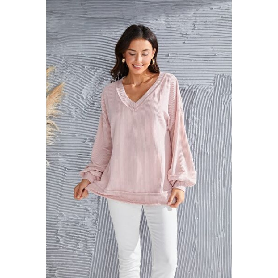 V-Neck Drop Shoulder Lantern Sleeve Blouse Dusty Pink / S Clothing