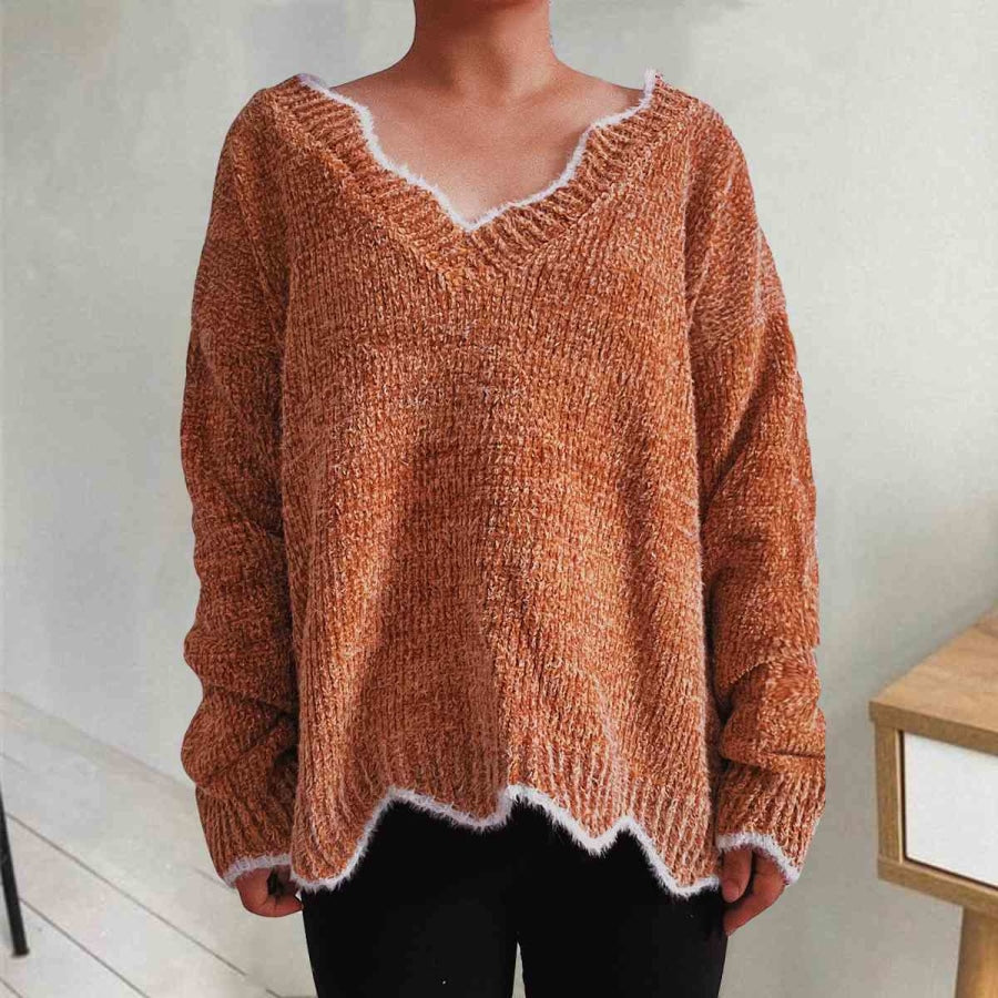 V-Neck Drop Shoulder Long Sleeve Sweater Caramel / S