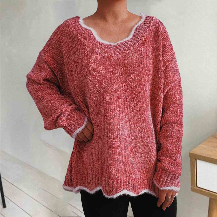 V-Neck Drop Shoulder Long Sleeve Sweater Coral / S