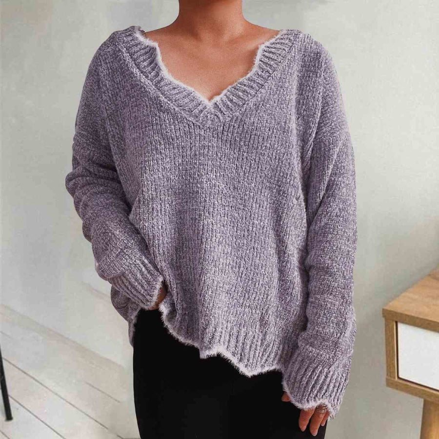 V-Neck Drop Shoulder Long Sleeve Sweater Lavender / S