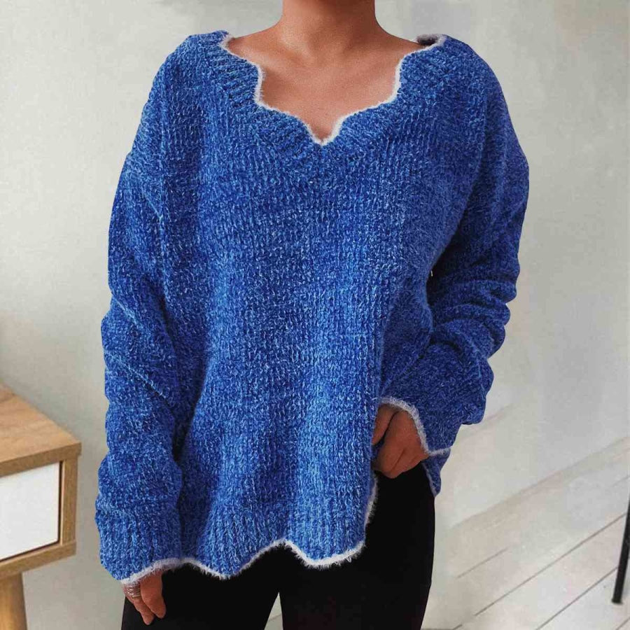 V-Neck Drop Shoulder Long Sleeve Sweater Royal Blue / S