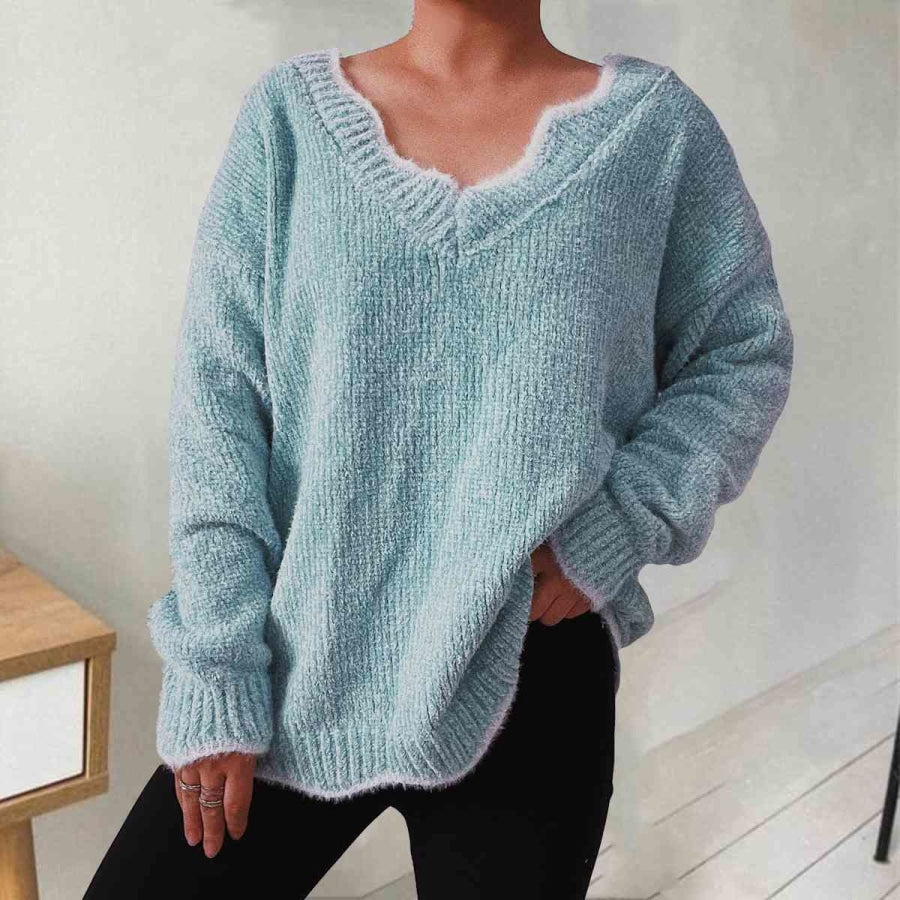 V-Neck Drop Shoulder Long Sleeve Sweater Teal / S