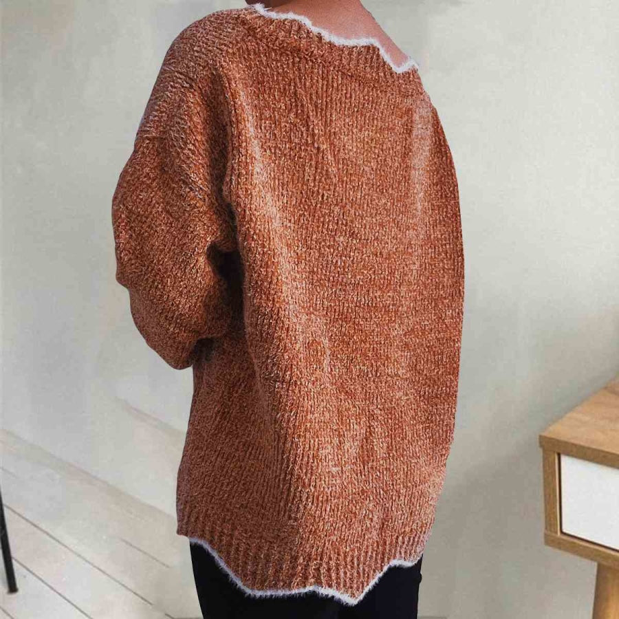 V-Neck Drop Shoulder Long Sleeve Sweater Caramel / S