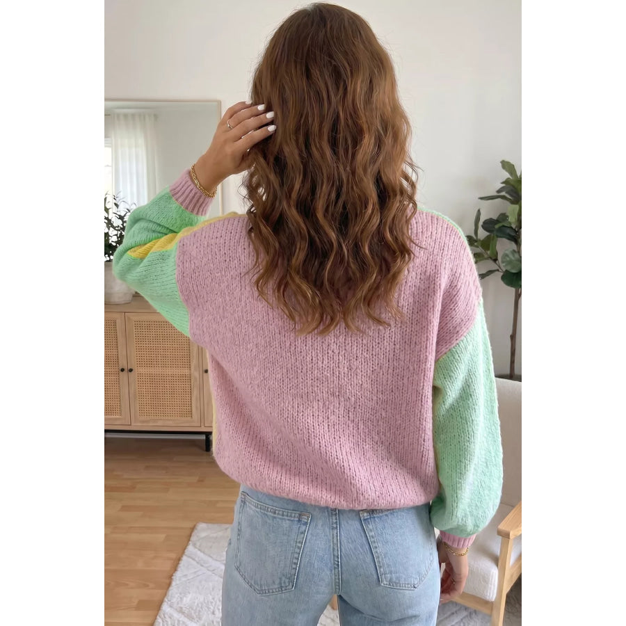 V Neck Drop Shoulder Patchwork Regular Wash Knitwear Cardigan Apparel and Accessories