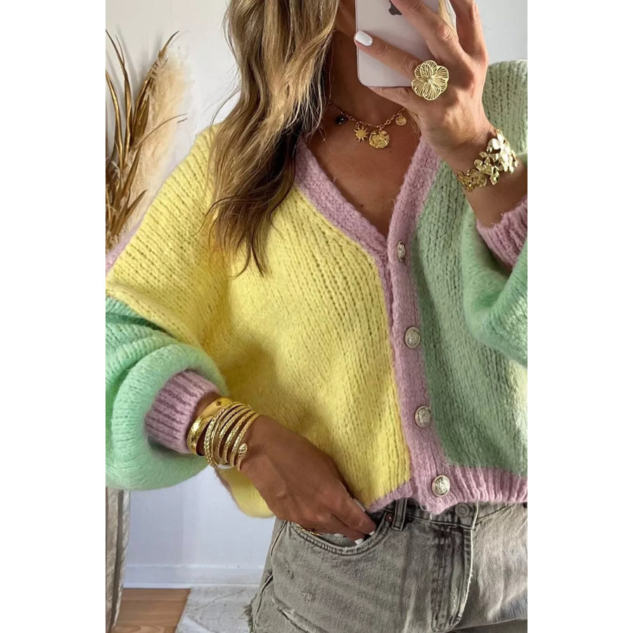 V Neck Drop Shoulder Patchwork Regular Wash Knitwear Cardigan Apparel and Accessories