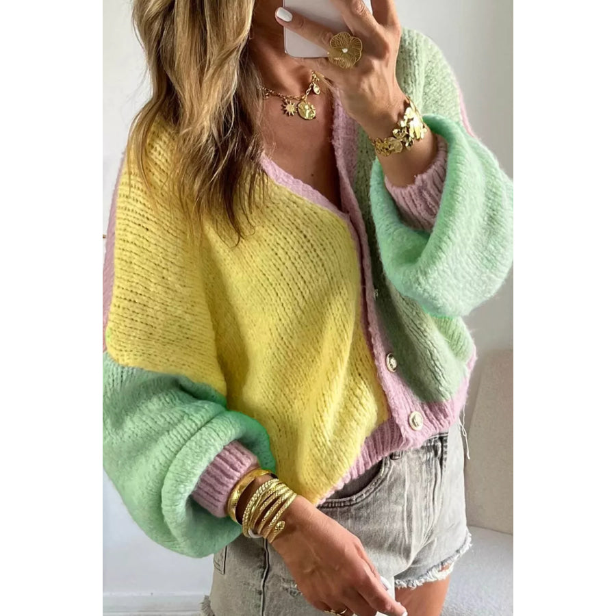 V Neck Drop Shoulder Patchwork Regular Wash Knitwear Cardigan Apparel and Accessories