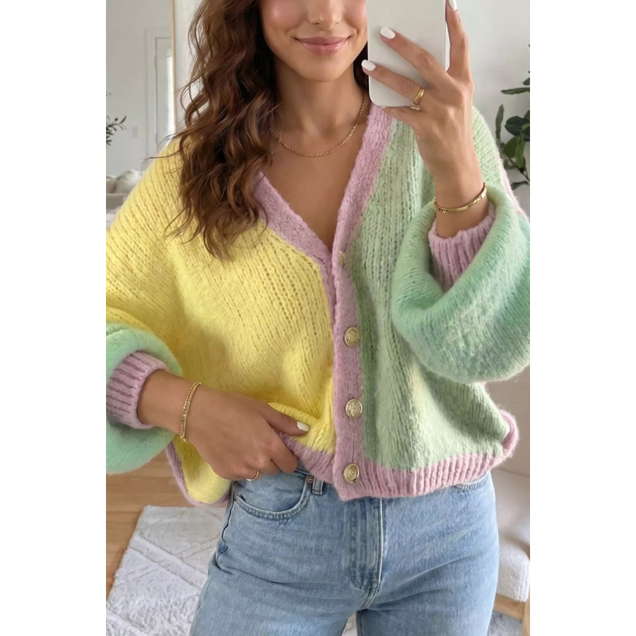 V Neck Drop Shoulder Patchwork Regular Wash Knitwear Cardigan Pastel Yellow / S Apparel and Accessories