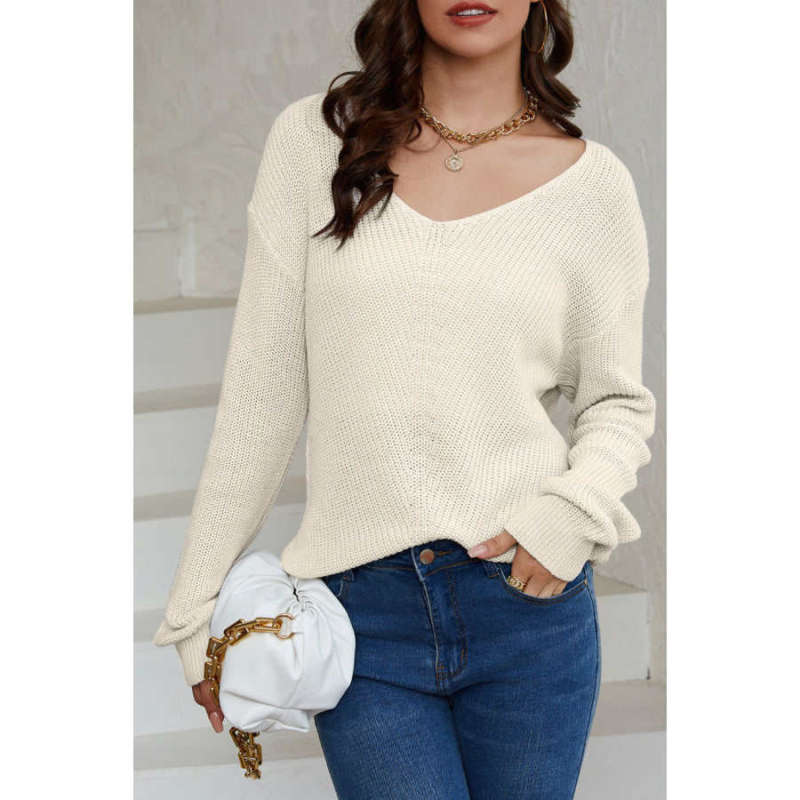 V-Neck Drop Shoulder Sweater Beige / S Apparel and Accessories