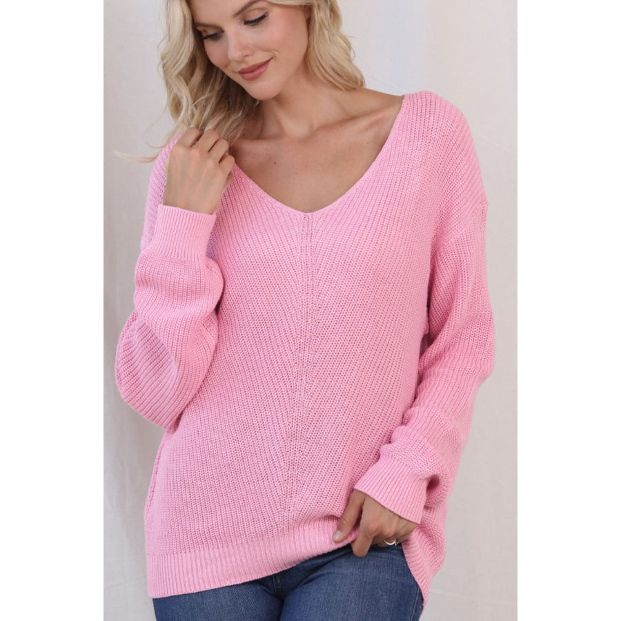 V-Neck Drop Shoulder Sweater Blush Pink / S Apparel and Accessories