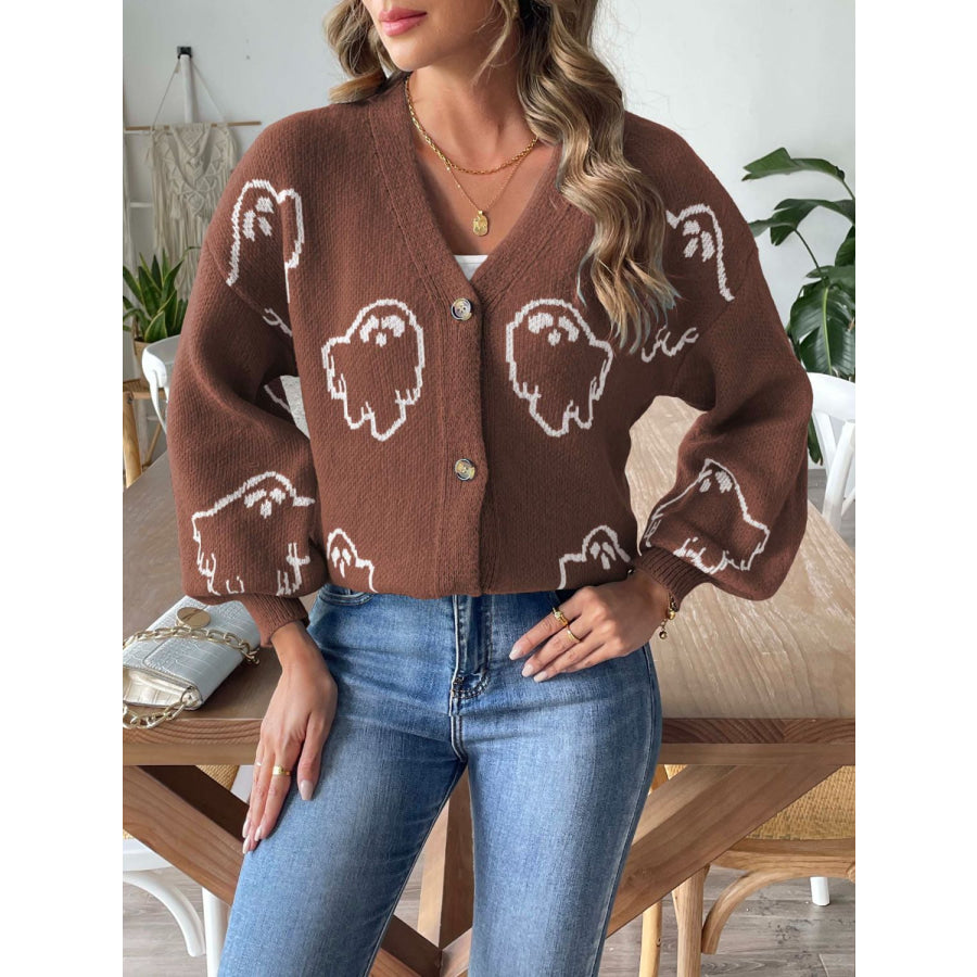 V-Neck Dropped Shoulder Cardigan Brown / S Apparel and Accessories