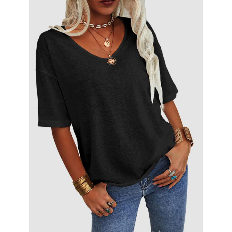 V-Neck Dropped Shoulder Half Sleeve T-Shirt Black / S Apparel and Accessories