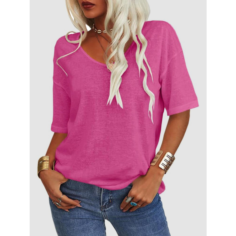 V-Neck Dropped Shoulder Half Sleeve T-Shirt Hot Pink / S Apparel and Accessories