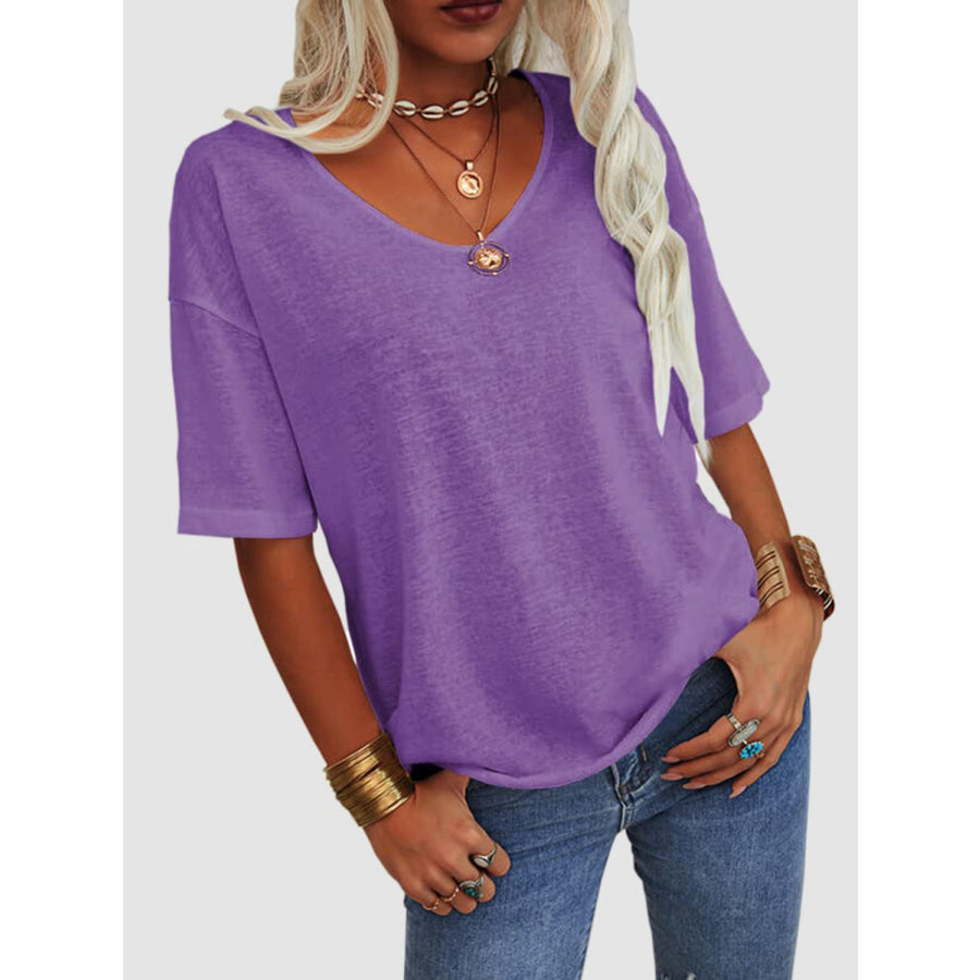 V-Neck Dropped Shoulder Half Sleeve T-Shirt Lavender / S Apparel and Accessories