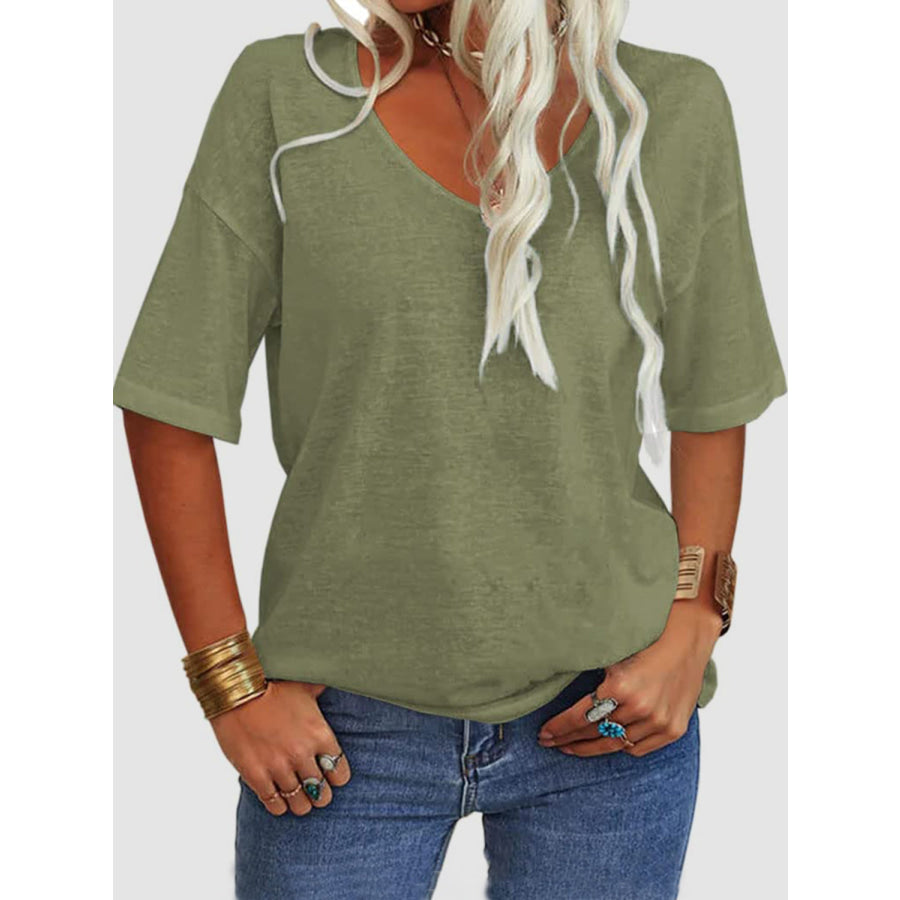 V-Neck Dropped Shoulder Half Sleeve T-Shirt Matcha Green / S Apparel and Accessories