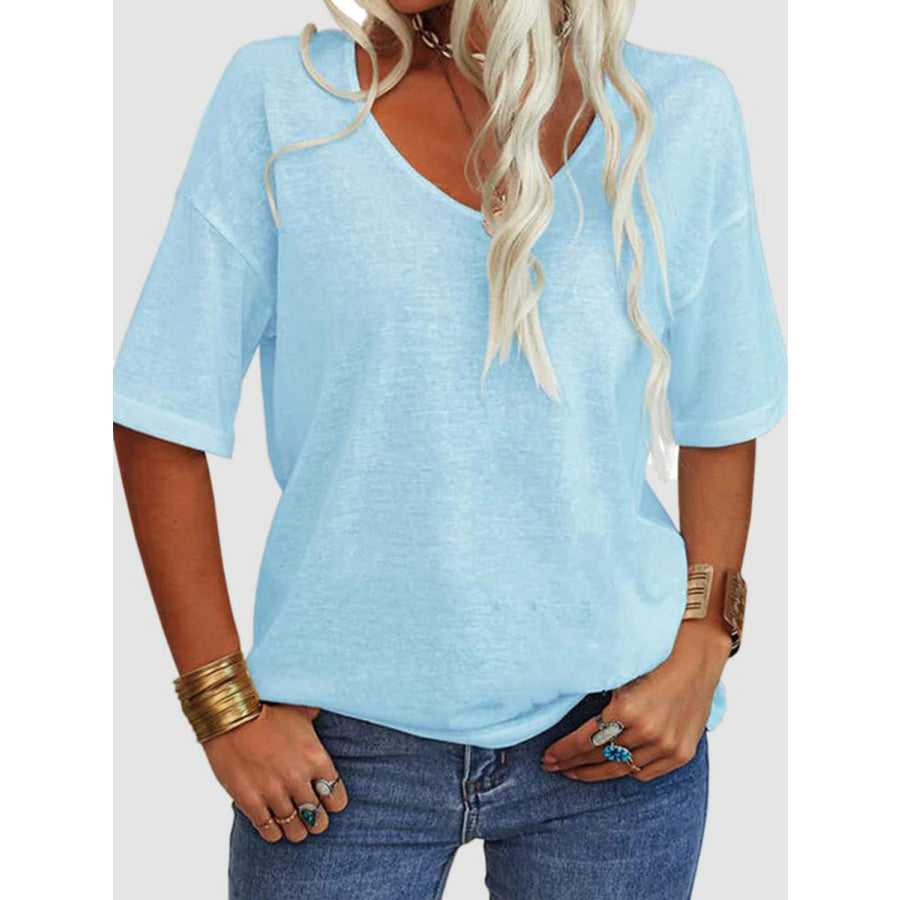 V-Neck Dropped Shoulder Half Sleeve T-Shirt Pastel Blue / S Apparel and Accessories