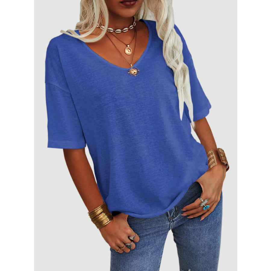 V-Neck Dropped Shoulder Half Sleeve T-Shirt Royal Blue / S Apparel and Accessories