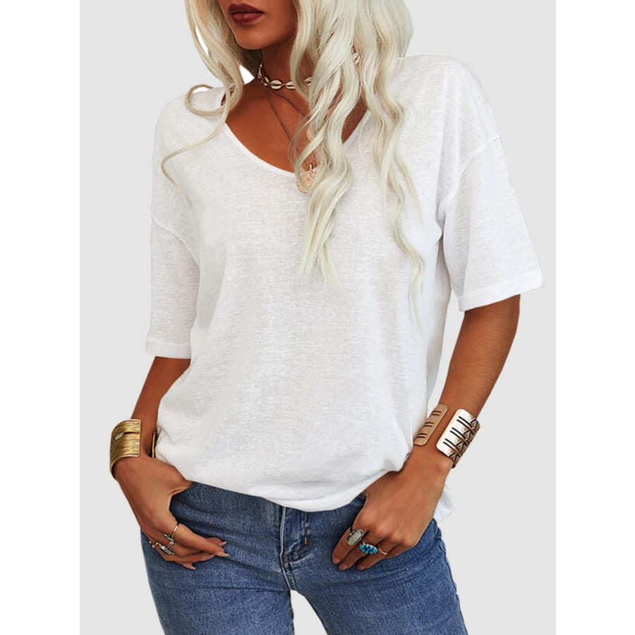 V-Neck Dropped Shoulder Half Sleeve T-Shirt White / S Apparel and Accessories