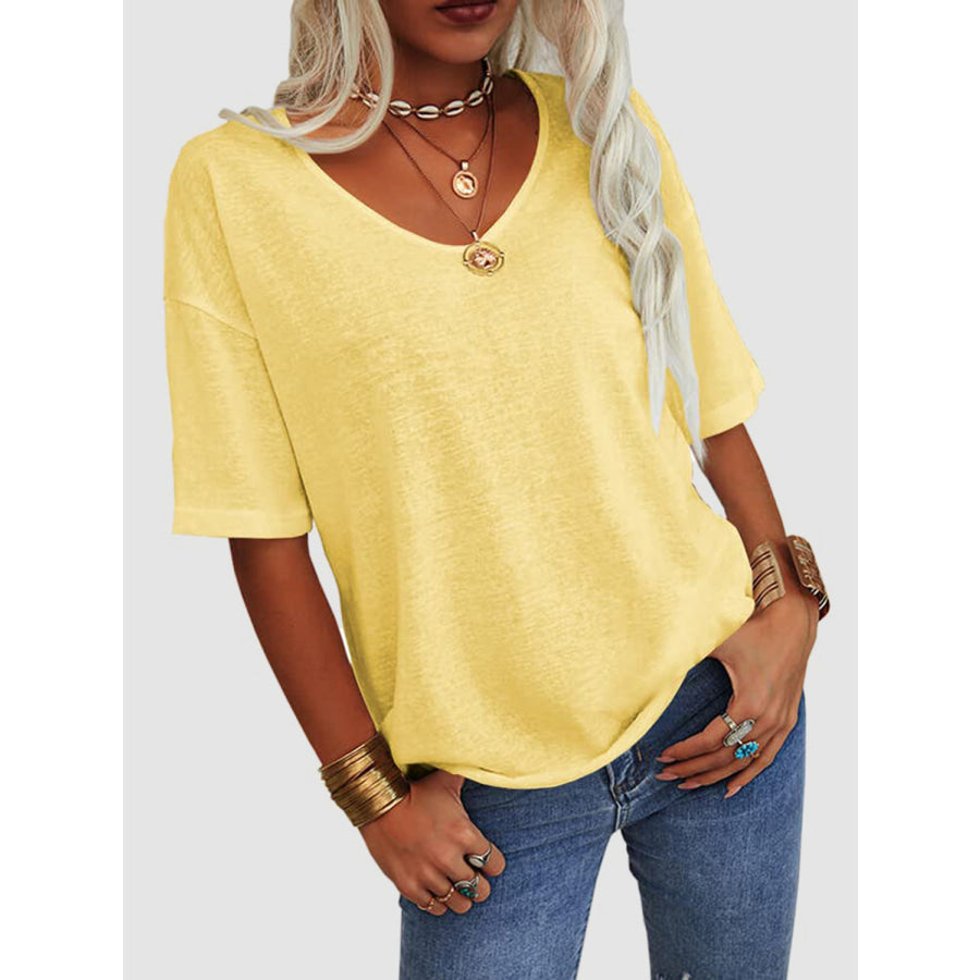 V-Neck Dropped Shoulder Half Sleeve T-Shirt Yellow / S Apparel and Accessories