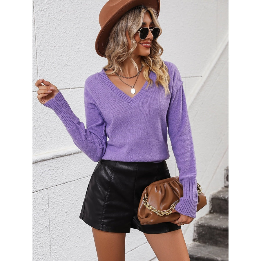 V-Neck Dropped Shoulder Long Sleeve Knit Top Lavender / S