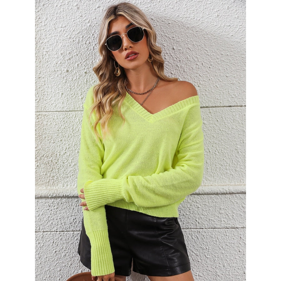 V-Neck Dropped Shoulder Long Sleeve Knit Top Lime / S