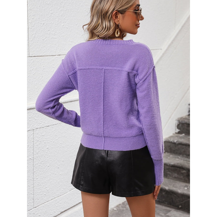 V-Neck Dropped Shoulder Long Sleeve Knit Top Lavender / S